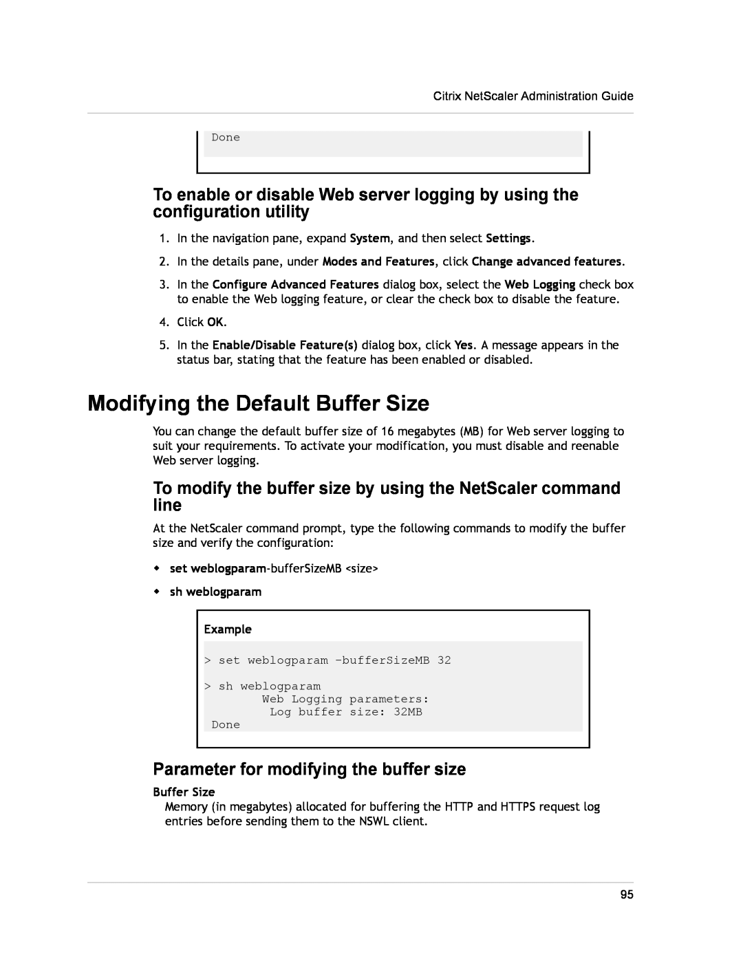 Citrix Systems CITRIX NETSCALER 9.3 manual Modifying the Default Buffer Size, Parameter for modifying the buffer size 