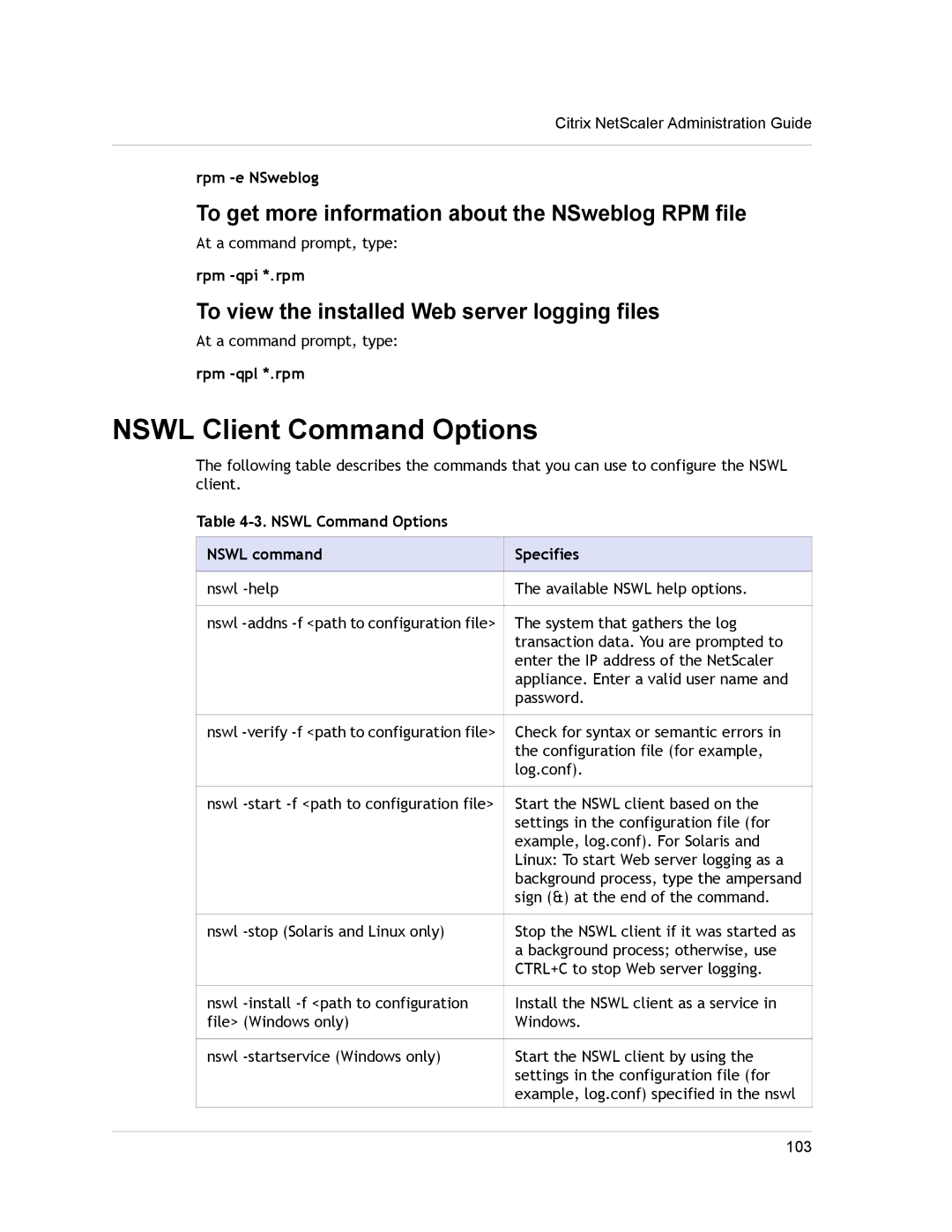 Citrix Systems CITRIX NETSCALER 9.3 manual Nswl Client Command Options, Nswl Command Options Nswl command Specifies 