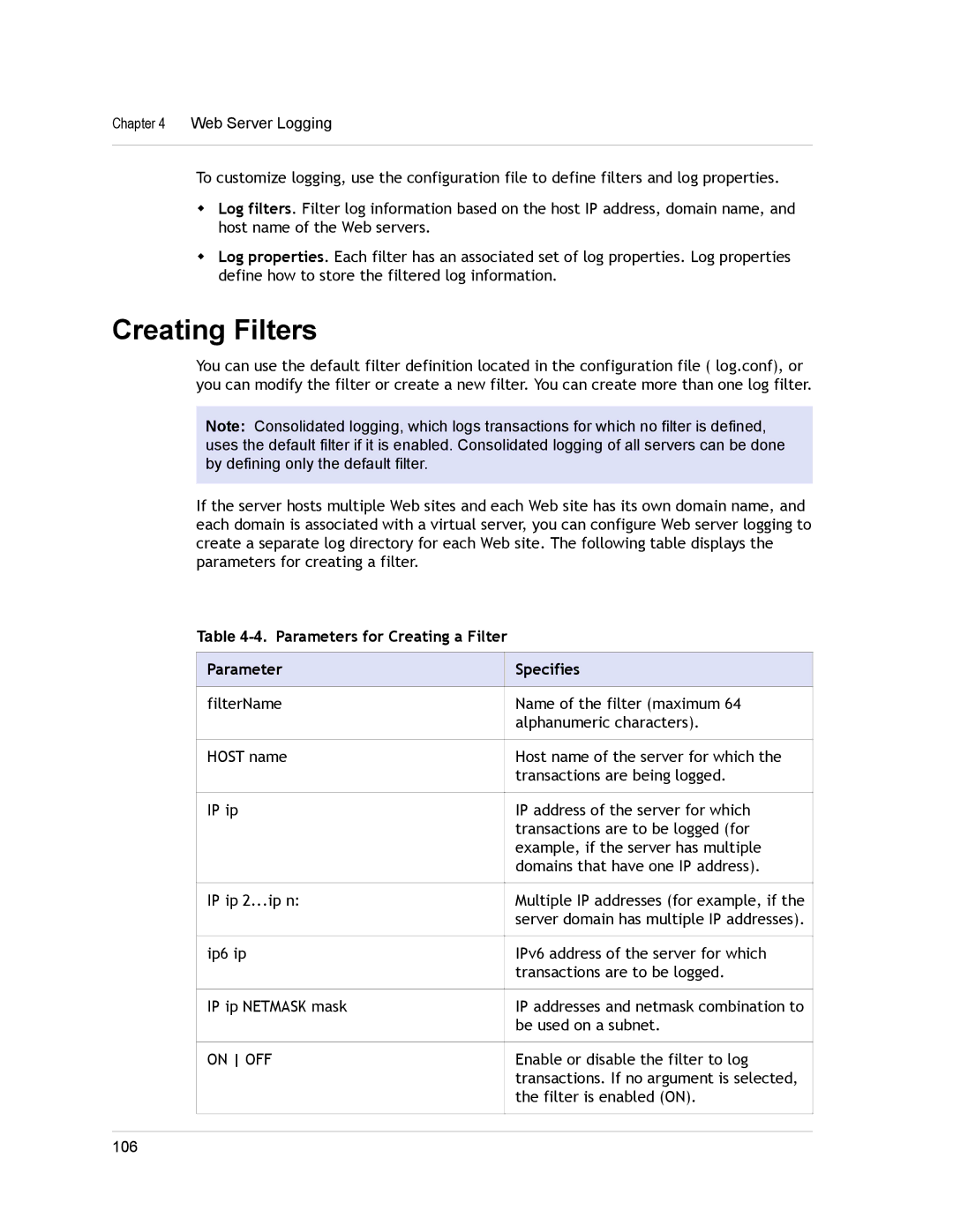 Citrix Systems CITRIX NETSCALER 9.3 manual Parameters for Creating a Filter Specifies, On OFF 