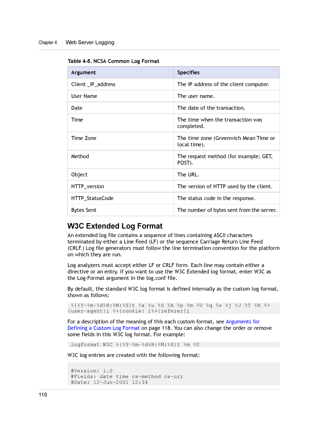 Citrix Systems CITRIX NETSCALER 9.3 manual W3C Extended Log Format, Ncsa Common Log Format Argument Specifies 