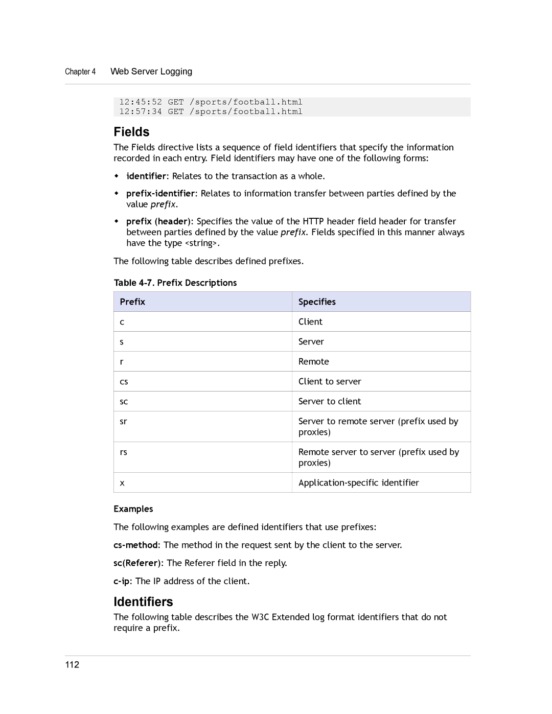 Citrix Systems CITRIX NETSCALER 9.3 manual Fields, Identifiers, Prefix Descriptions Specifies, Examples 