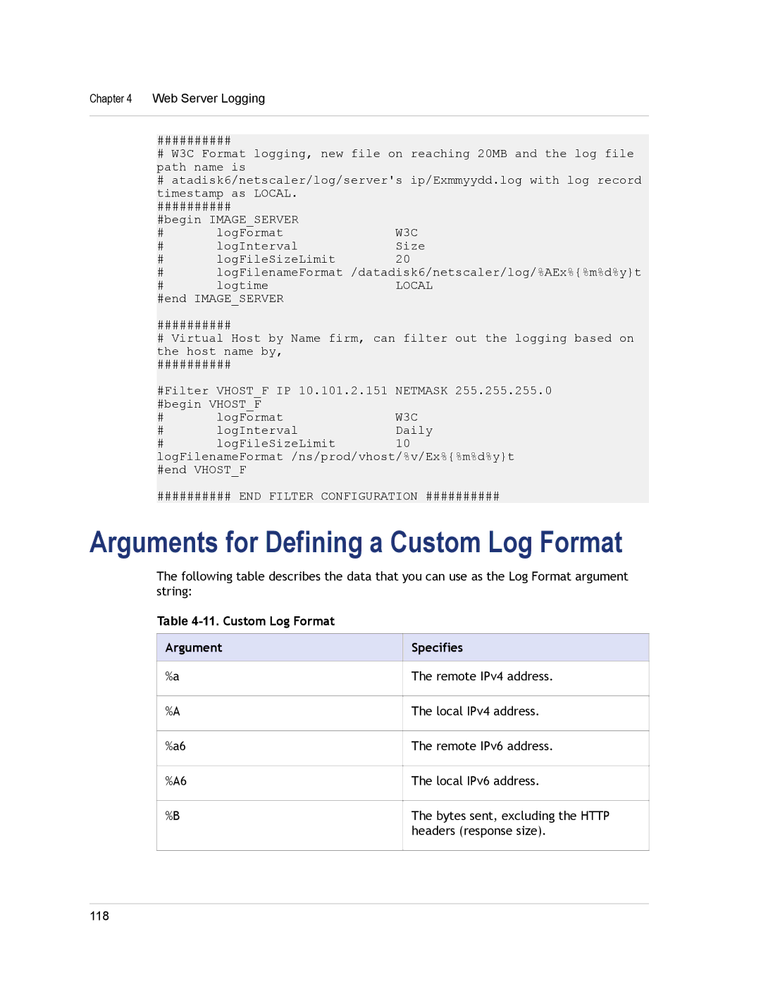 Citrix Systems CITRIX NETSCALER 9.3 manual Arguments for Defining a Custom Log Format, Custom Log Format Argument Specifies 