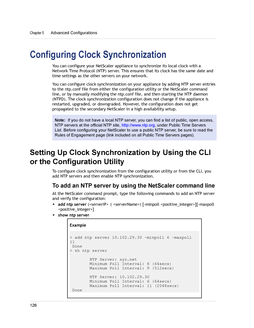 Citrix Systems CITRIX NETSCALER 9.3 manual Configuring Clock Synchronization, Show ntp server Example 