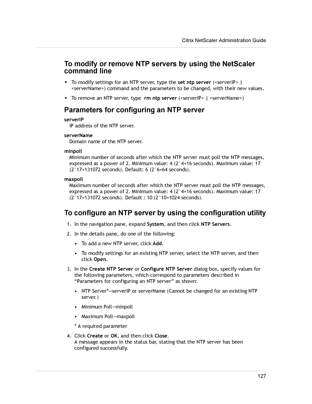 Citrix Systems CITRIX NETSCALER 9.3 manual Parameters for configuring an NTP server, ServerName, Minpoll, Maxpoll 