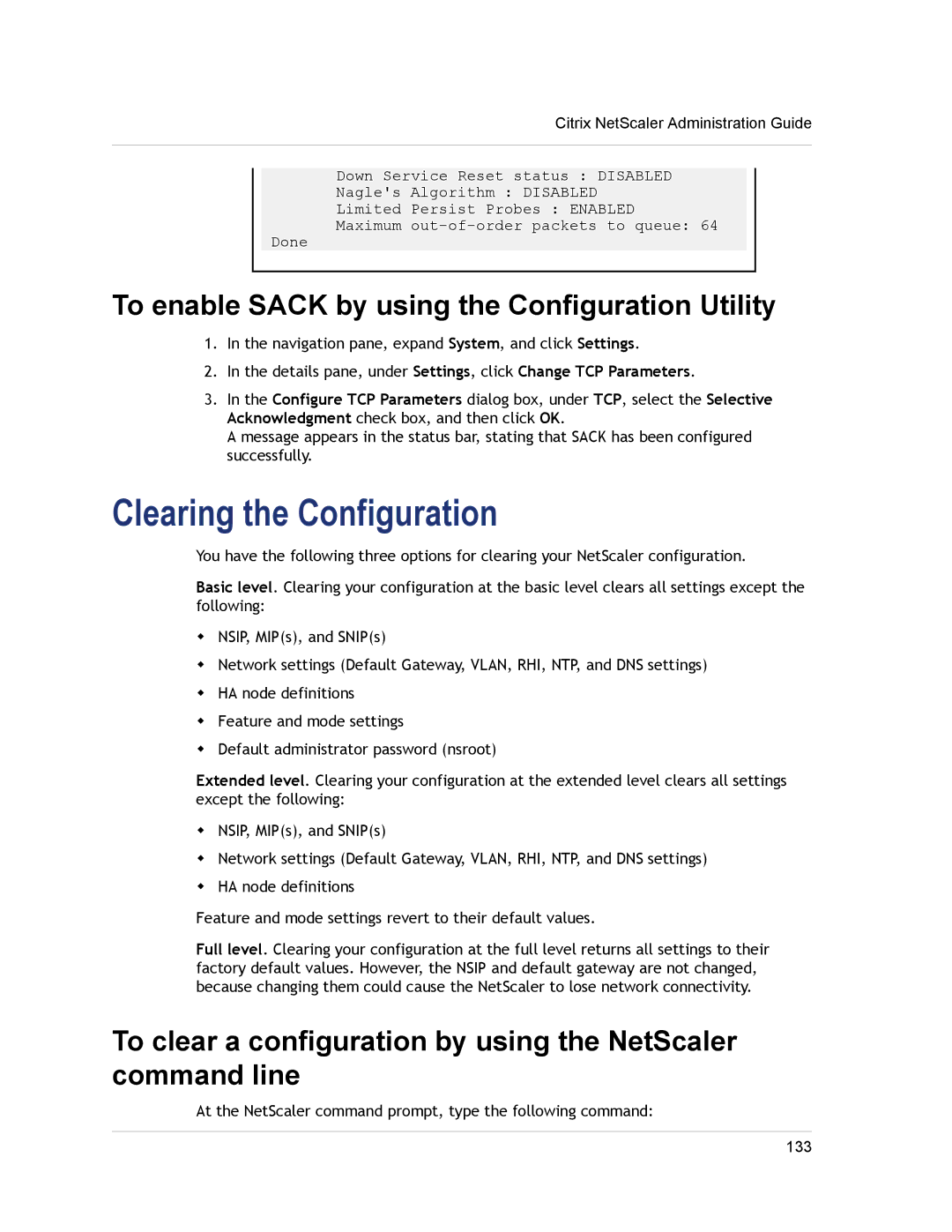 Citrix Systems CITRIX NETSCALER 9.3 manual Clearing the Configuration, To enable Sack by using the Configuration Utility 