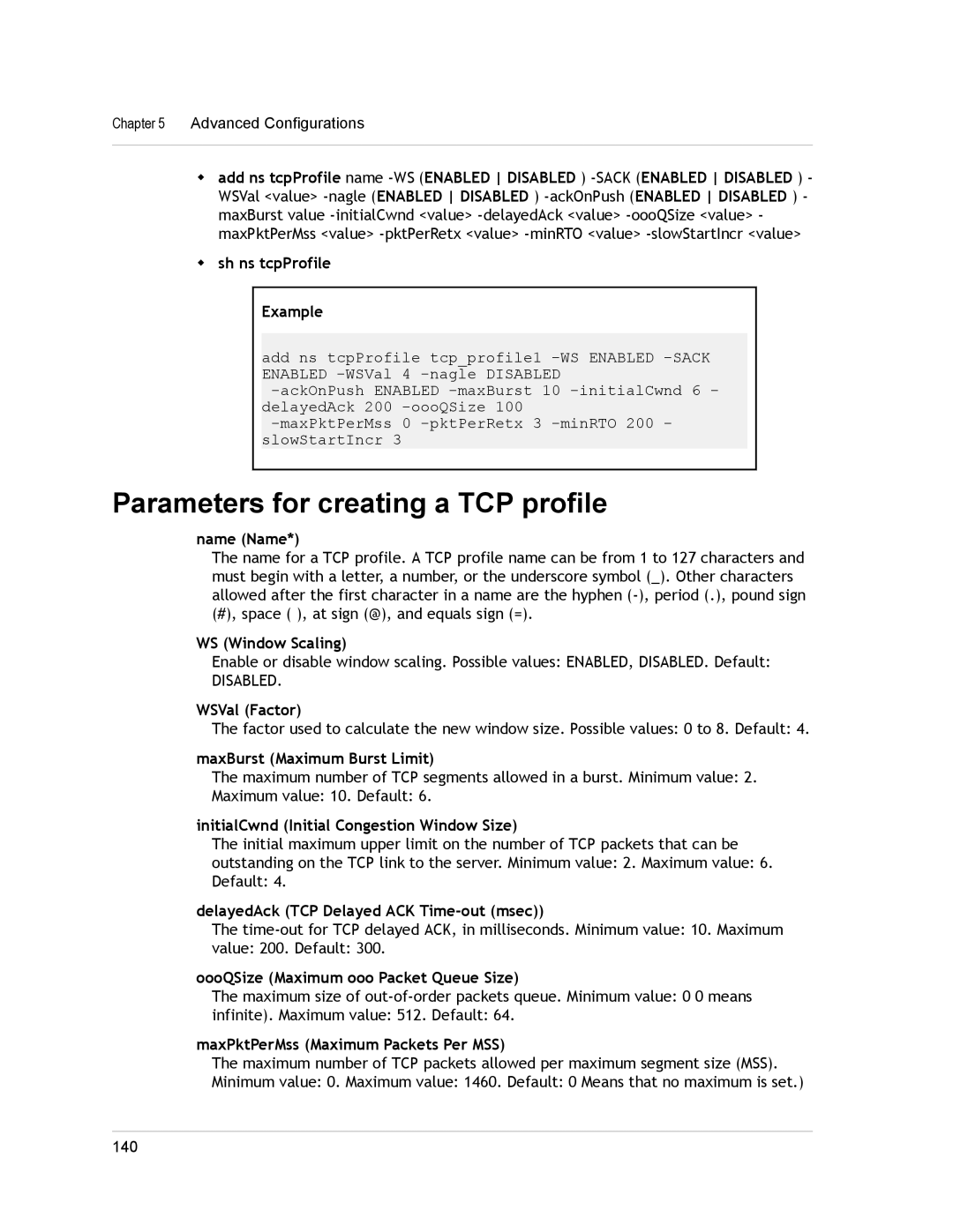 Citrix Systems CITRIX NETSCALER 9.3 manual Parameters for creating a TCP profile 