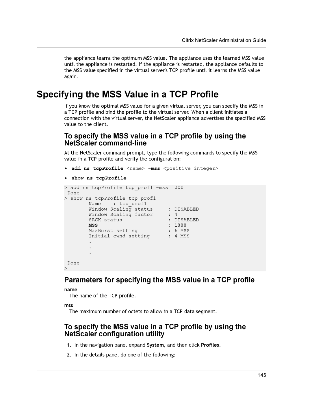 Citrix Systems CITRIX NETSCALER 9.3 manual Specifying the MSS Value in a TCP Profile, Mss 