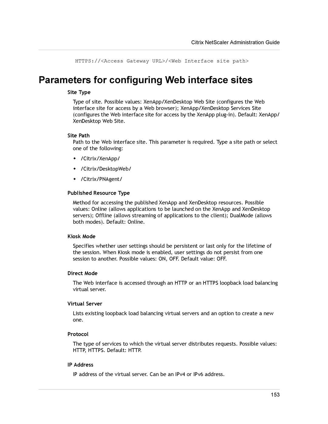 Citrix Systems CITRIX NETSCALER 9.3 manual Parameters for configuring Web interface sites 