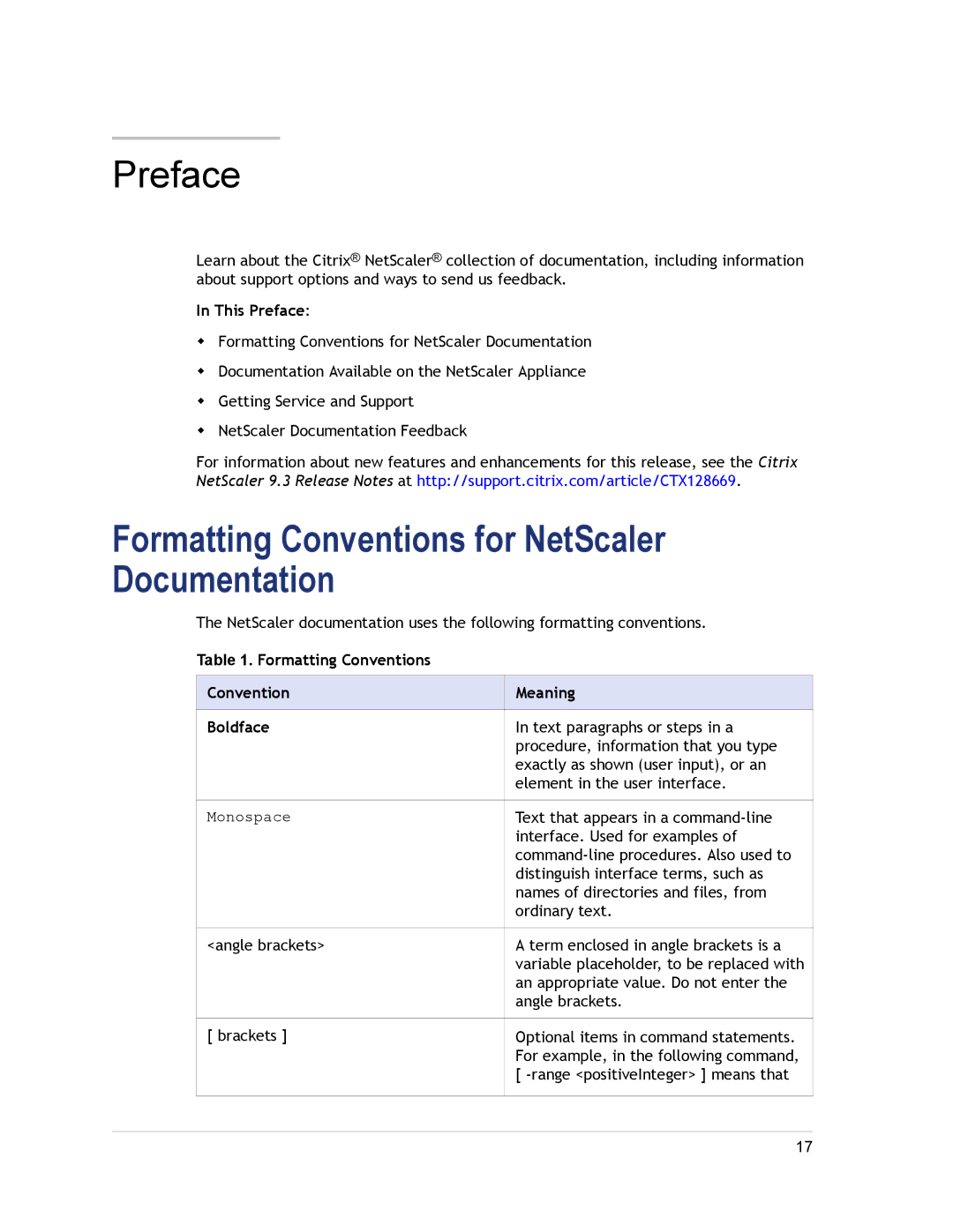 Citrix Systems CITRIX NETSCALER 9.3 manual Formatting Conventions for NetScaler Documentation, This Preface 