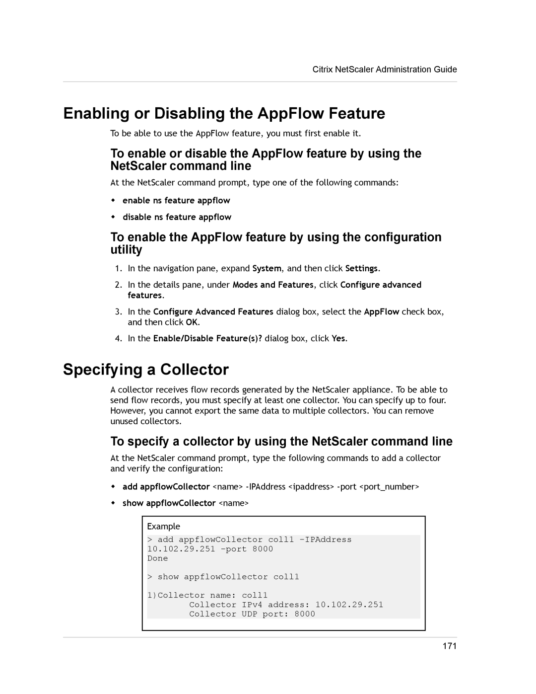 Citrix Systems CITRIX NETSCALER 9.3 manual Enabling or Disabling the AppFlow Feature, Specifying a Collector 