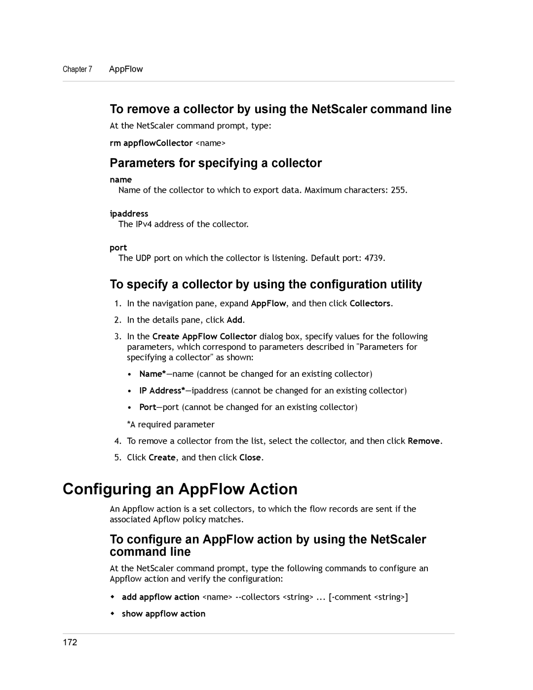 Citrix Systems CITRIX NETSCALER 9.3 manual Configuring an AppFlow Action, Parameters for specifying a collector 