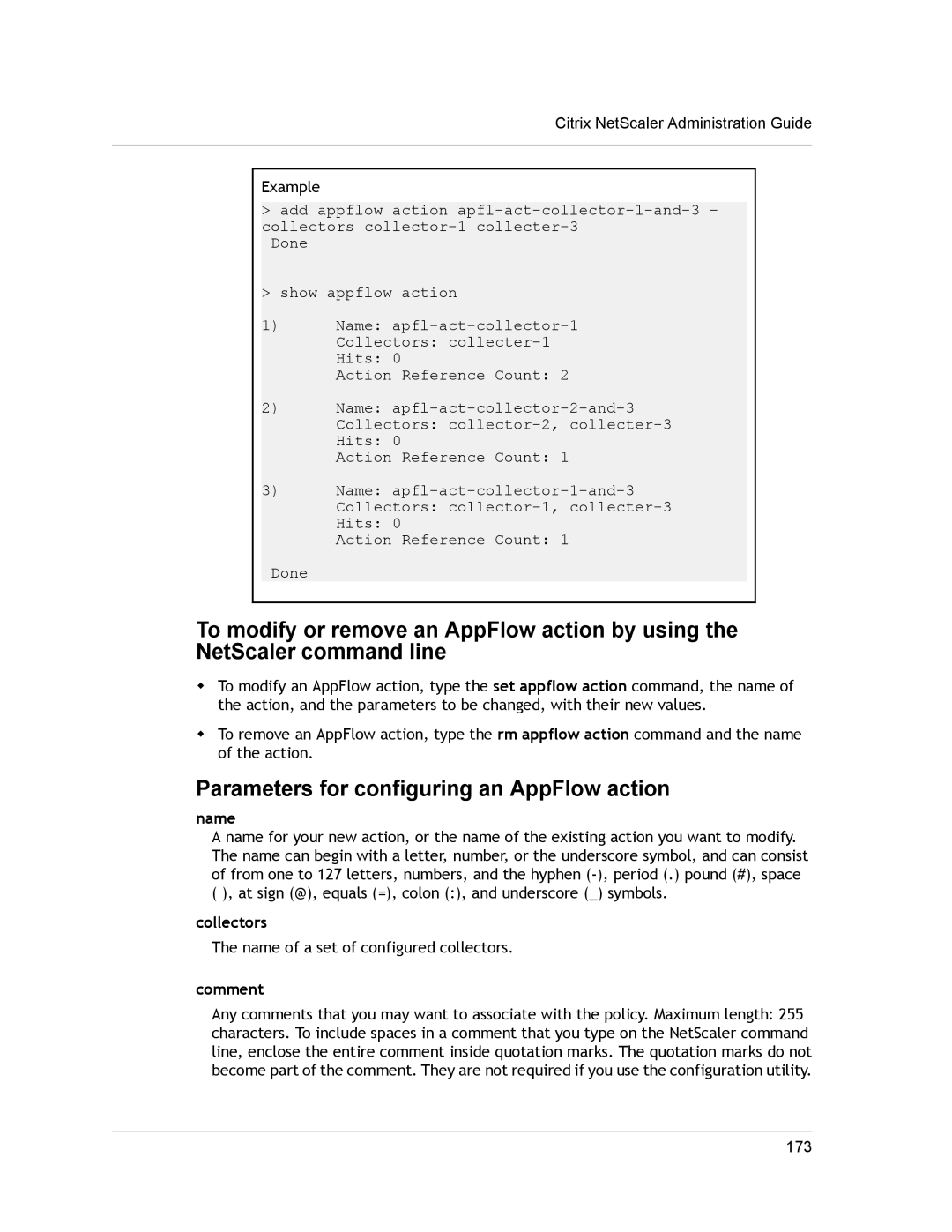 Citrix Systems CITRIX NETSCALER 9.3 manual Parameters for configuring an AppFlow action, Collectors, Comment 