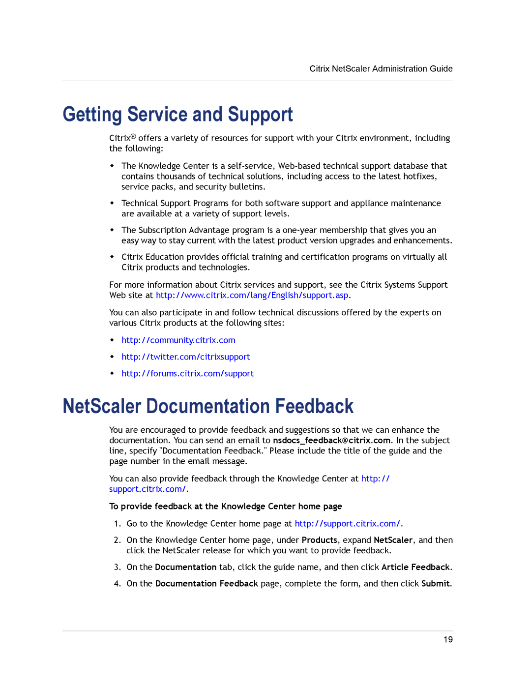 Citrix Systems CITRIX NETSCALER 9.3 manual Getting Service and Support, NetScaler Documentation Feedback 