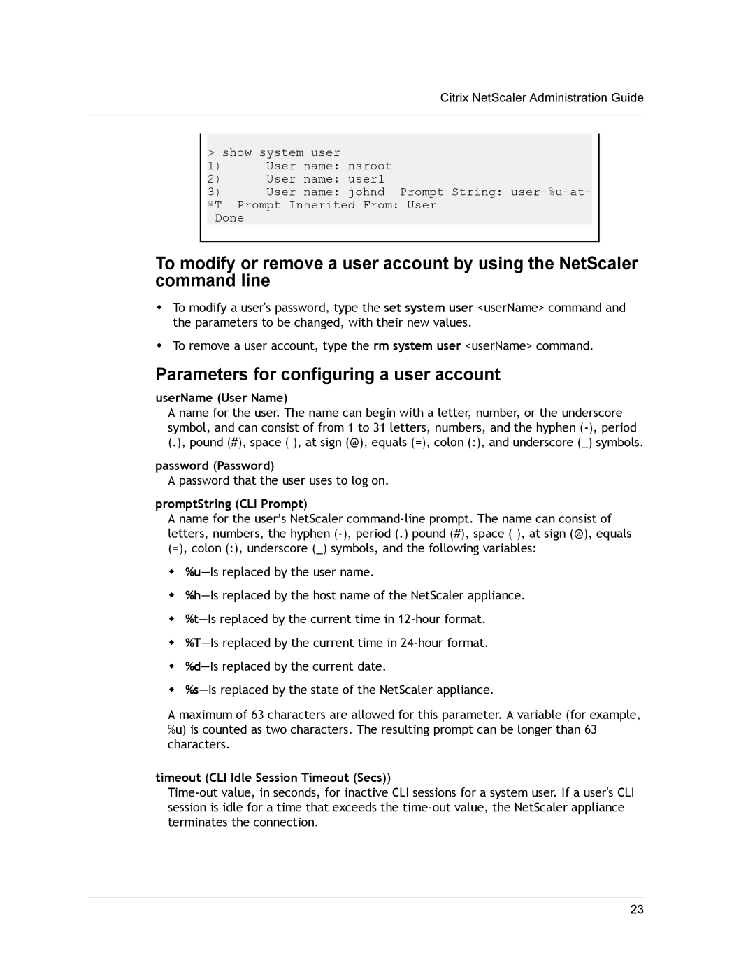 Citrix Systems CITRIX NETSCALER 9.3 manual Parameters for configuring a user account, UserName User Name, Password Password 