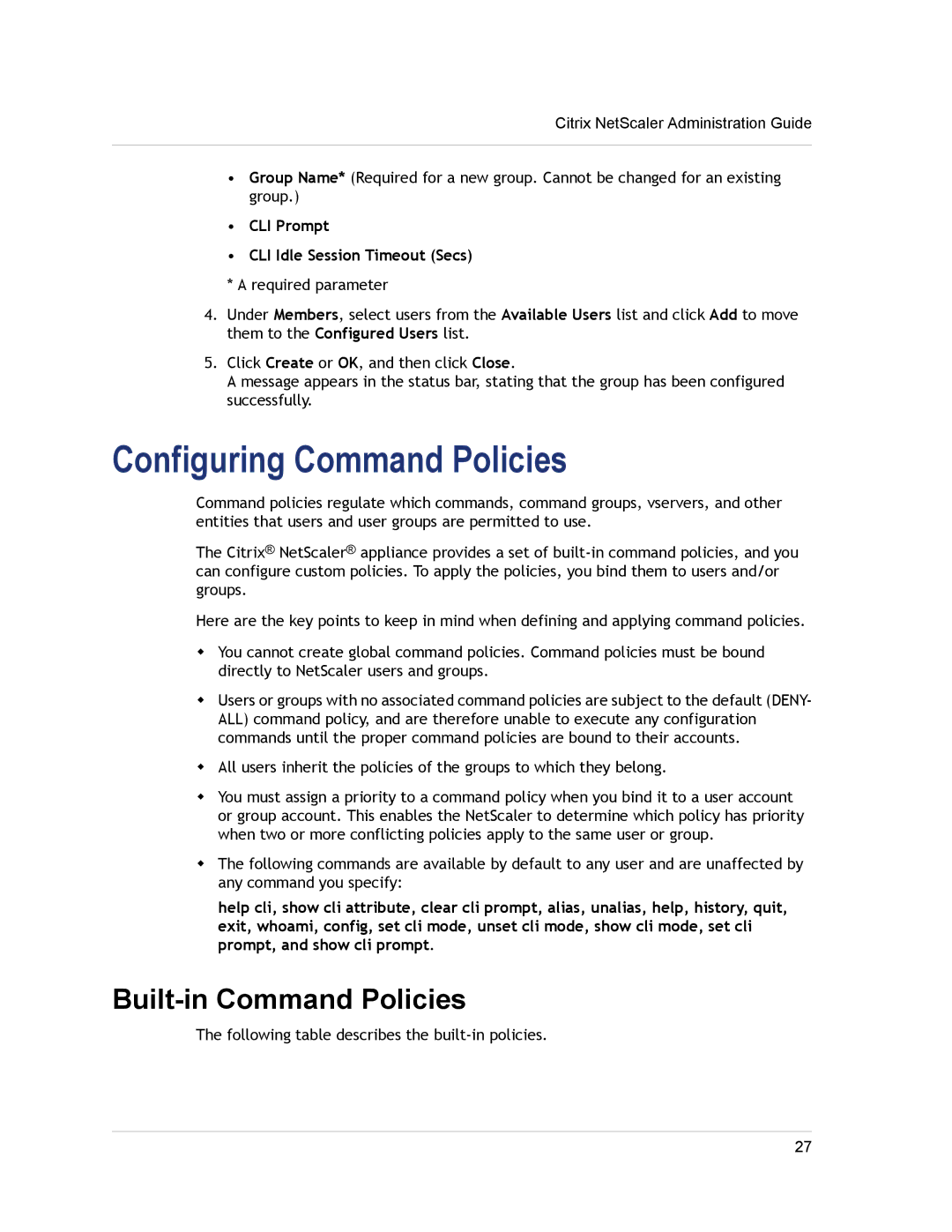 Citrix Systems CITRIX NETSCALER 9.3 manual Configuring Command Policies, Built-in Command Policies 