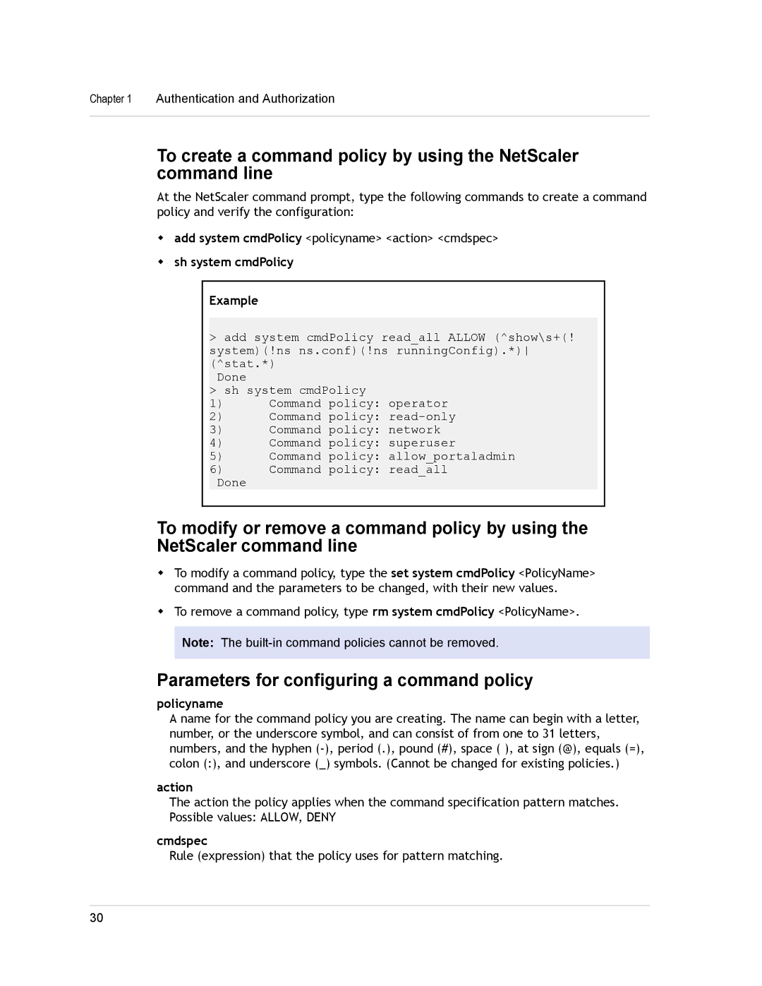 Citrix Systems CITRIX NETSCALER 9.3 Parameters for configuring a command policy, Sh system cmdPolicy Example, Policyname 