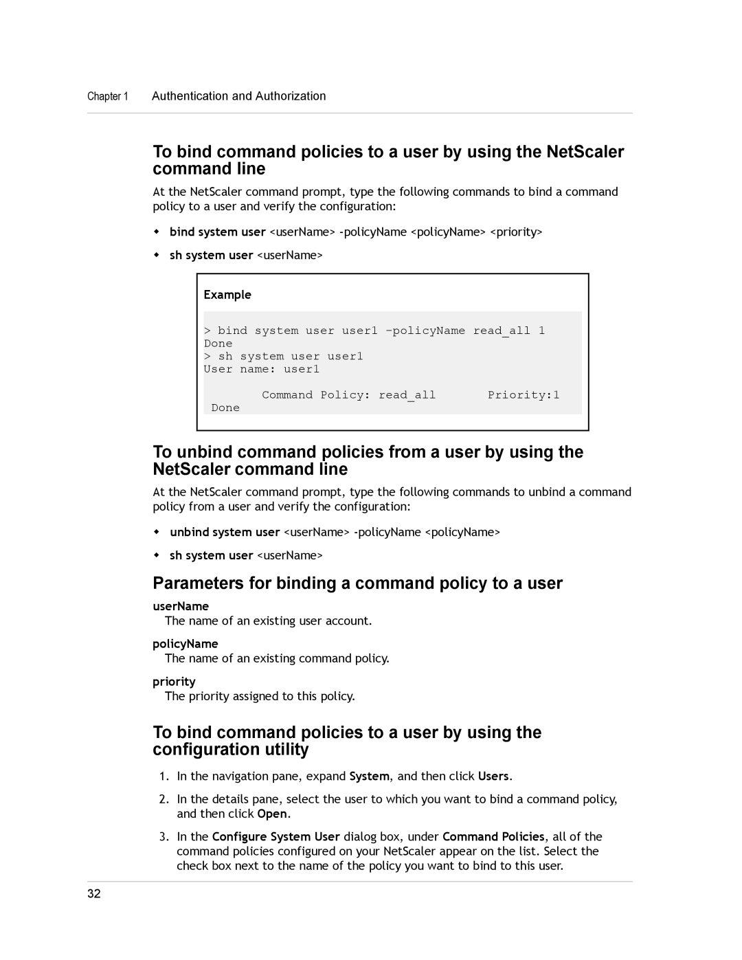 Citrix Systems CITRIX NETSCALER 9.3 Parameters for binding a command policy to a user, Sh system user userName Example 