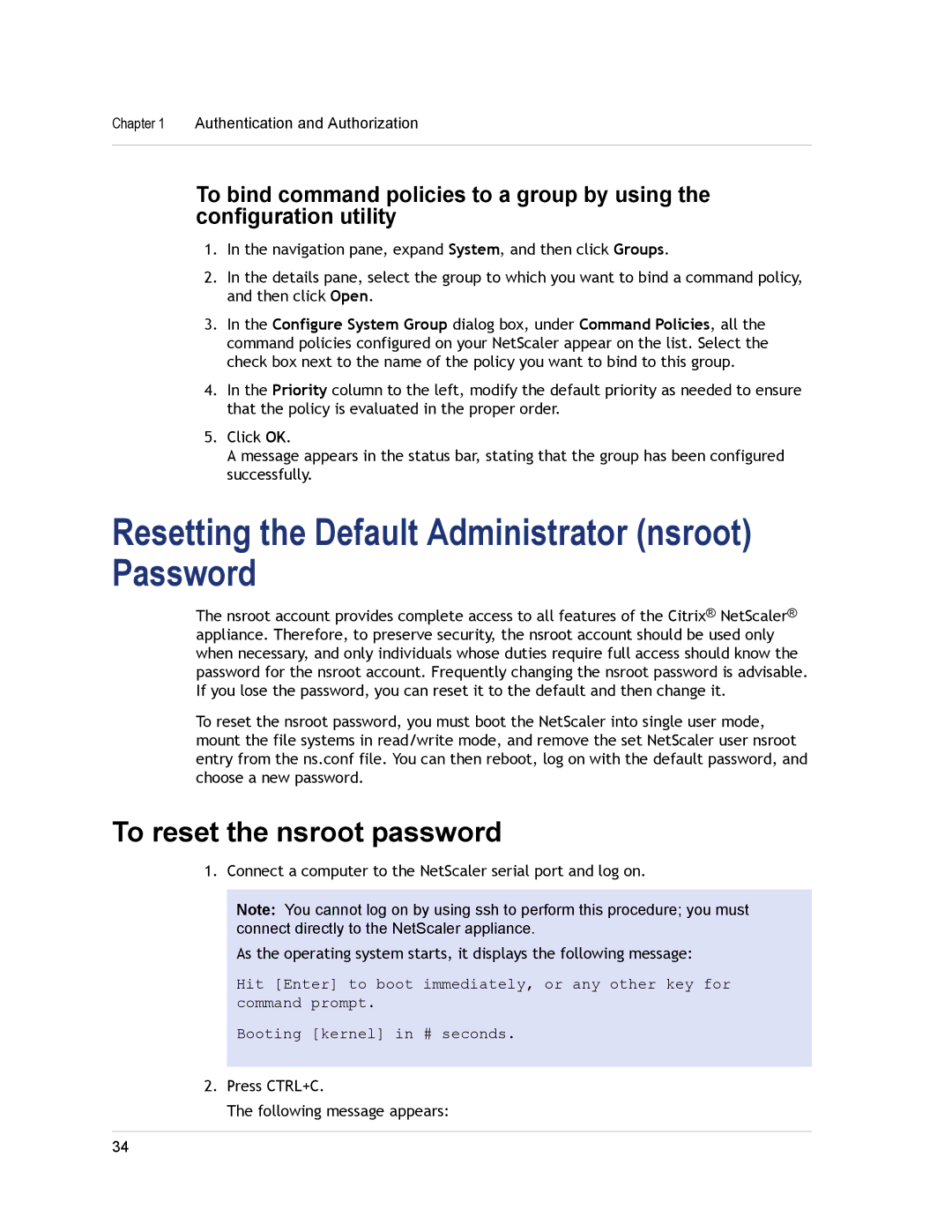 Citrix Systems CITRIX NETSCALER 9.3 Resetting the Default Administrator nsroot Password, To reset the nsroot password 