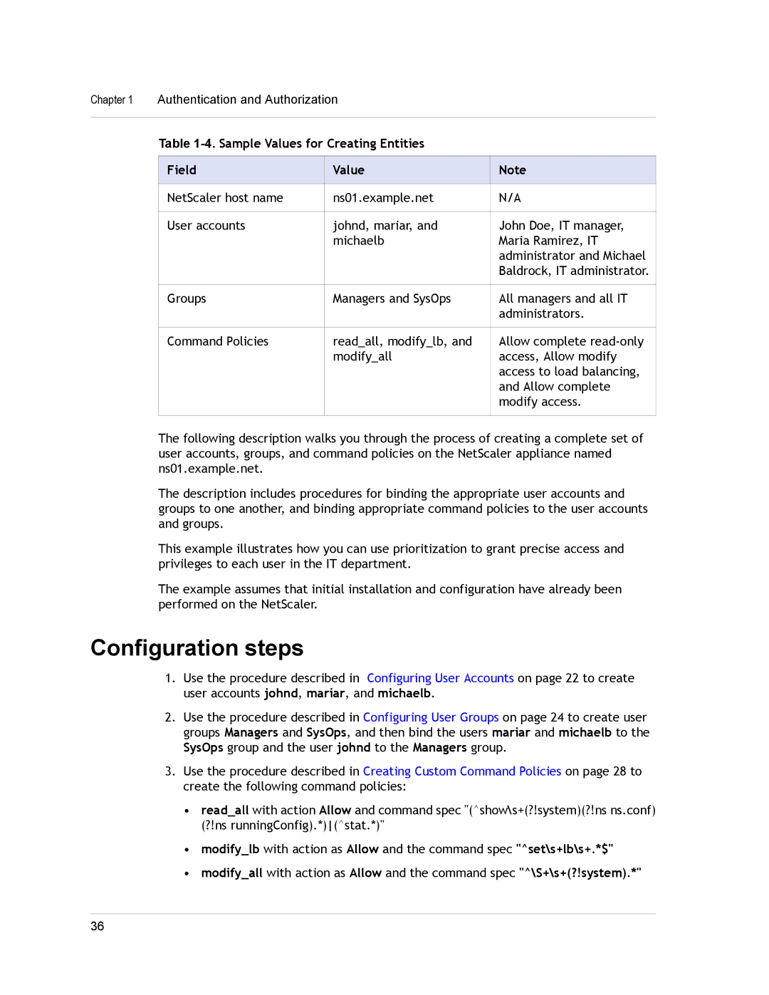 Citrix Systems CITRIX NETSCALER 9.3 manual Configuration steps, Sample Values for Creating Entities Field 