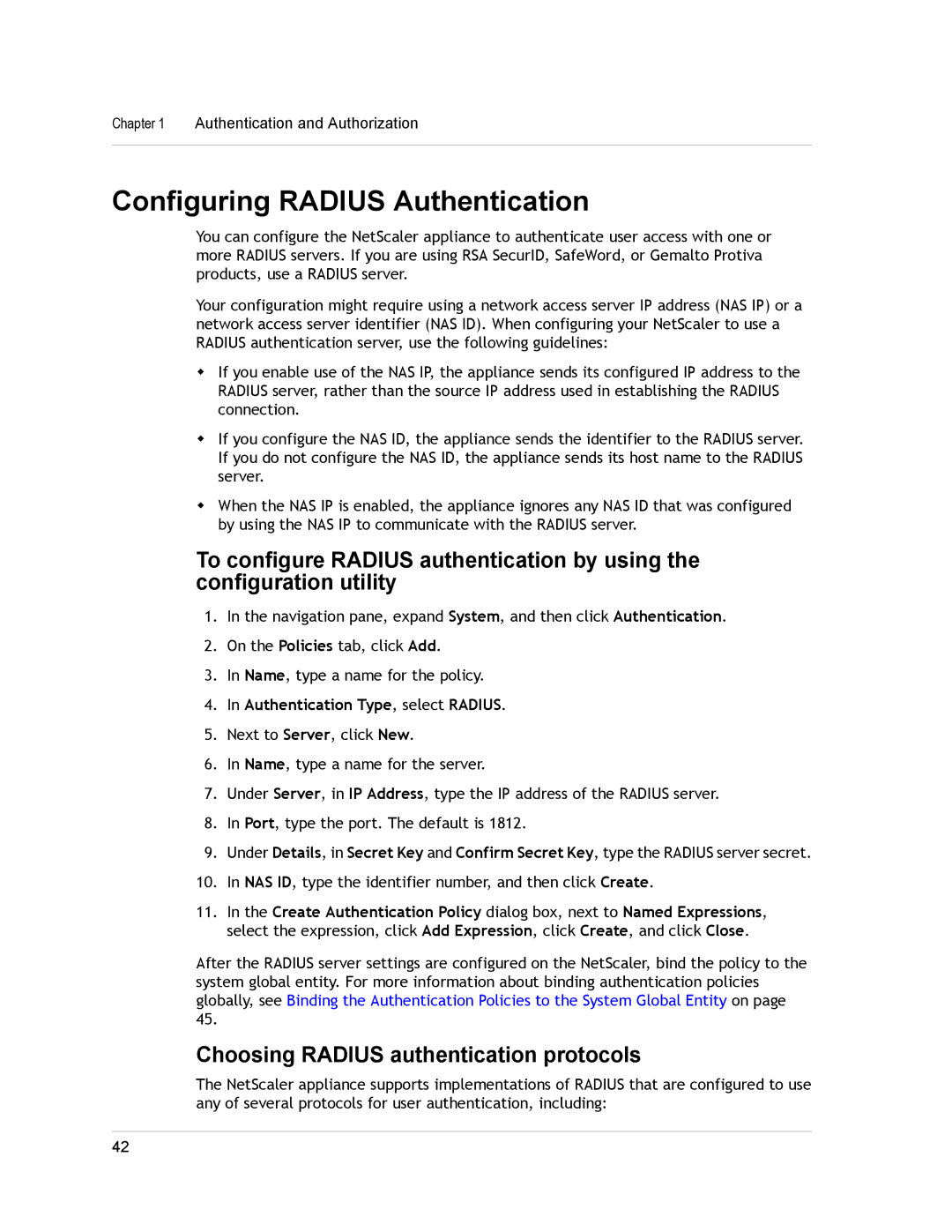 Citrix Systems CITRIX NETSCALER 9.3 manual Configuring Radius Authentication, Choosing Radius authentication protocols 