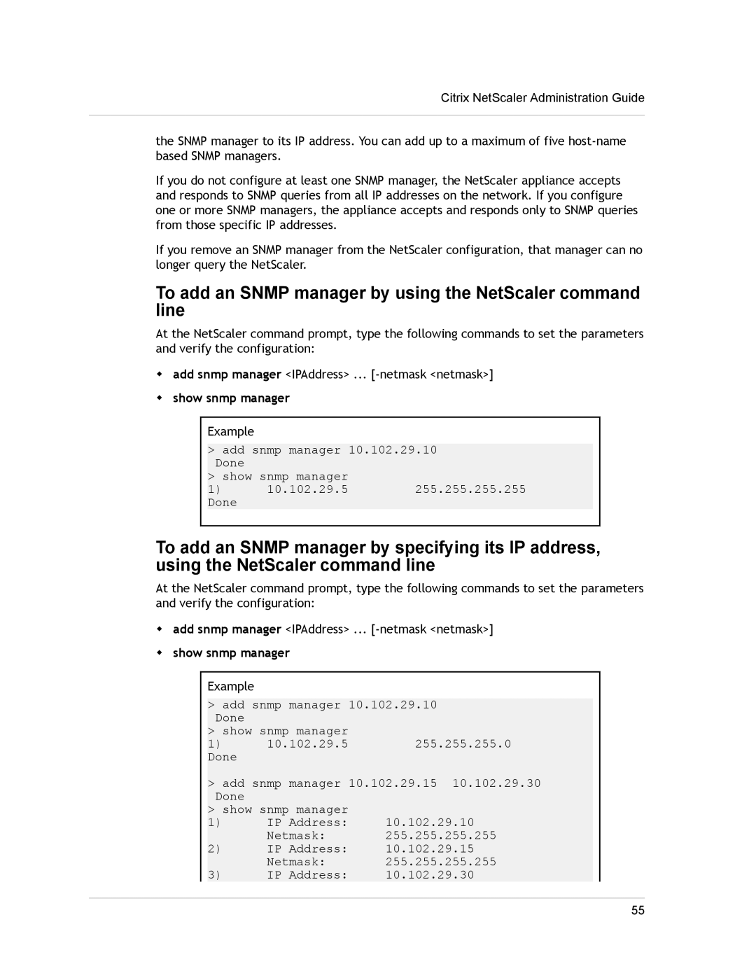 Citrix Systems CITRIX NETSCALER 9.3 manual To add an Snmp manager by using the NetScaler command line, Show snmp manager 