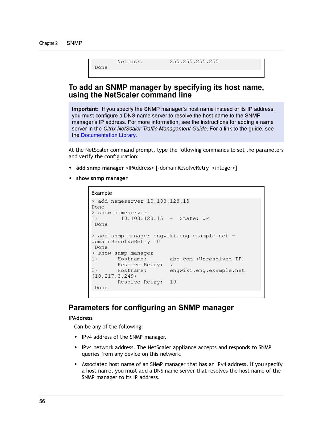 Citrix Systems CITRIX NETSCALER 9.3 manual Parameters for configuring an Snmp manager, IPAddress 