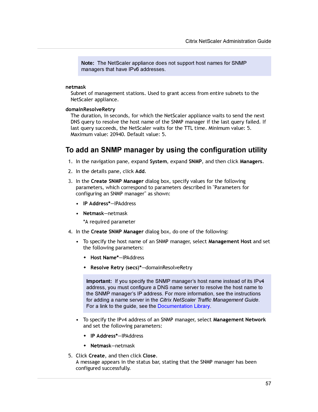 Citrix Systems CITRIX NETSCALER 9.3 manual To add an Snmp manager by using the configuration utility 