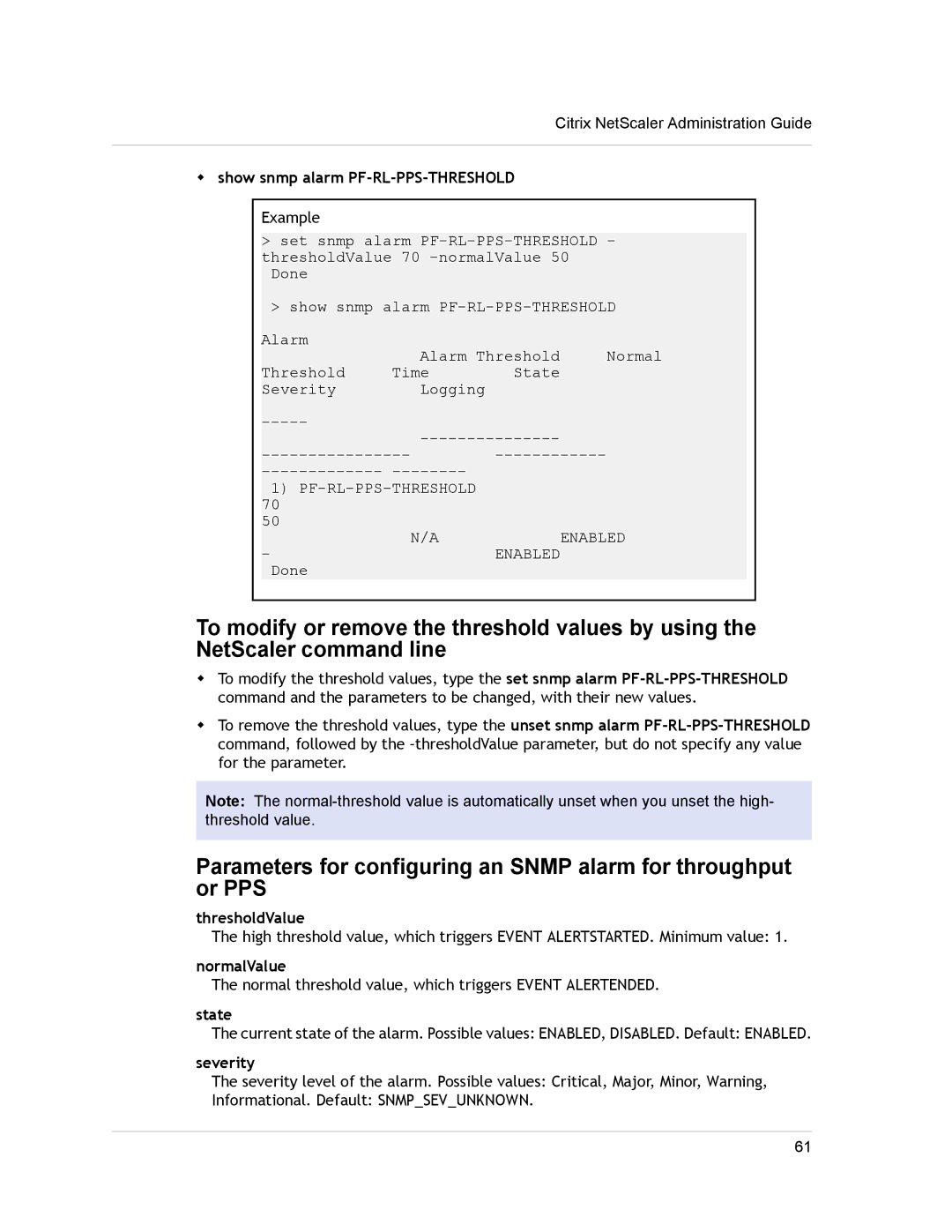 Citrix Systems CITRIX NETSCALER 9.3 manual Show snmp alarm PF-RL-PPS-THRESHOLD, ThresholdValue, NormalValue, State 