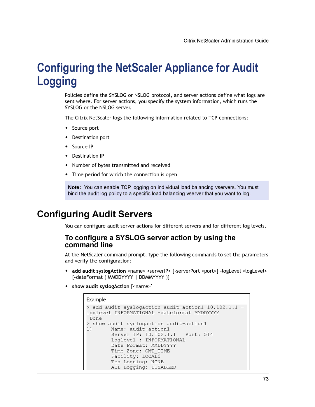 Citrix Systems CITRIX NETSCALER 9.3 manual Configuring the NetScaler Appliance for Audit Logging, Configuring Audit Servers 