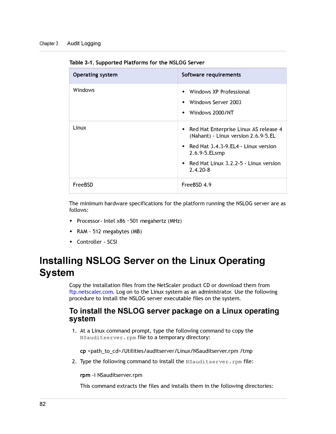 Citrix Systems CITRIX NETSCALER 9.3 manual Installing Nslog Server on the Linux Operating System, Software requirements 