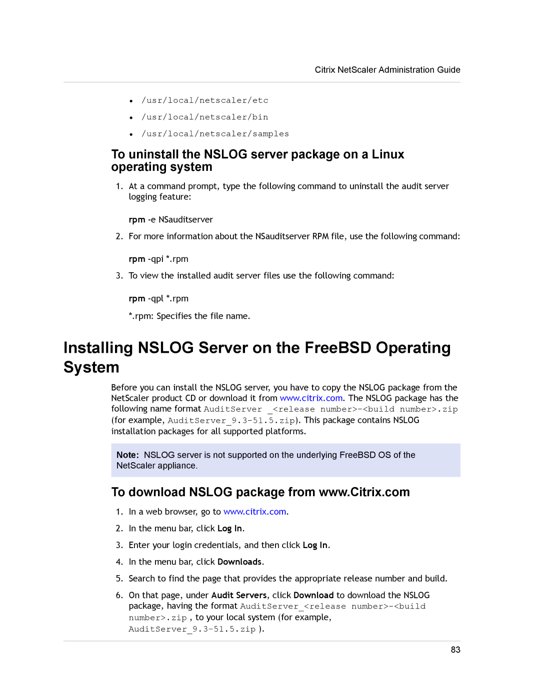 Citrix Systems CITRIX NETSCALER 9.3 manual Installing Nslog Server on the FreeBSD Operating System 