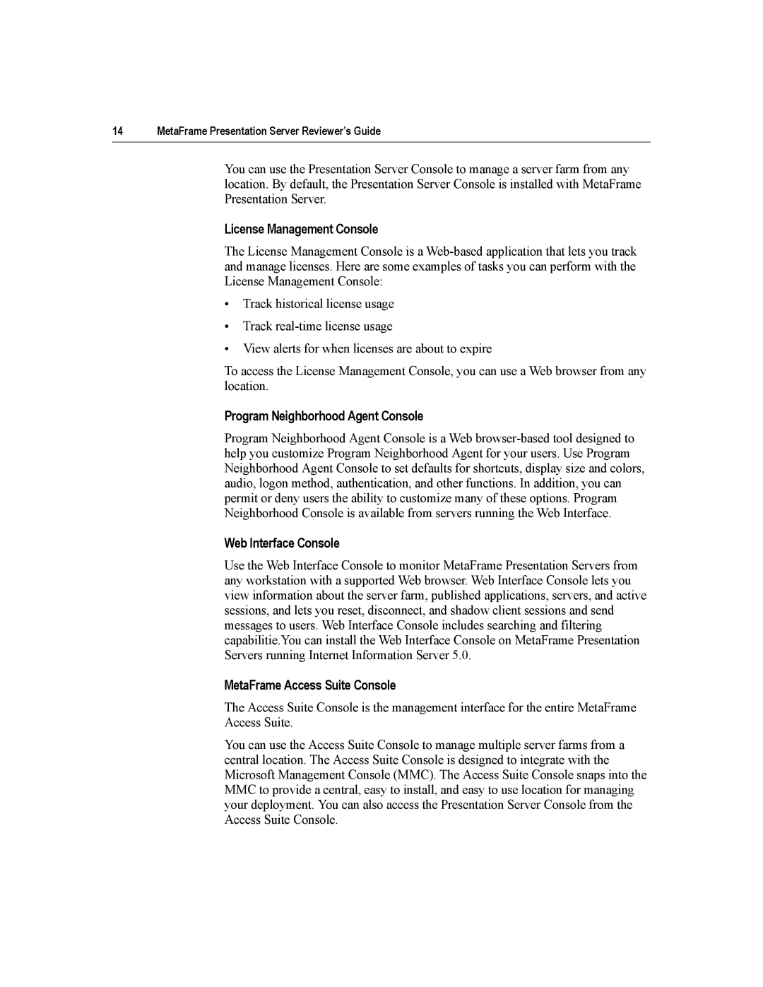 Citrix Systems MetaFrame Presentation Server manual License Management Console, Program Neighborhood Agent Console 