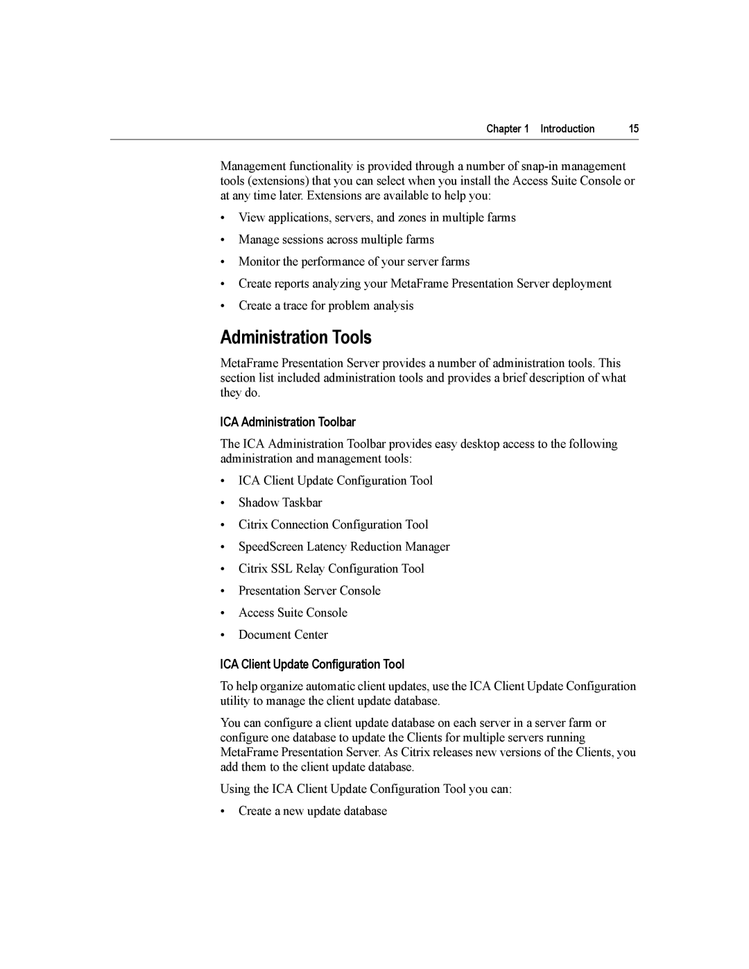 Citrix Systems MetaFrame Presentation Server manual Administration Tools, ICA Administration Toolbar 