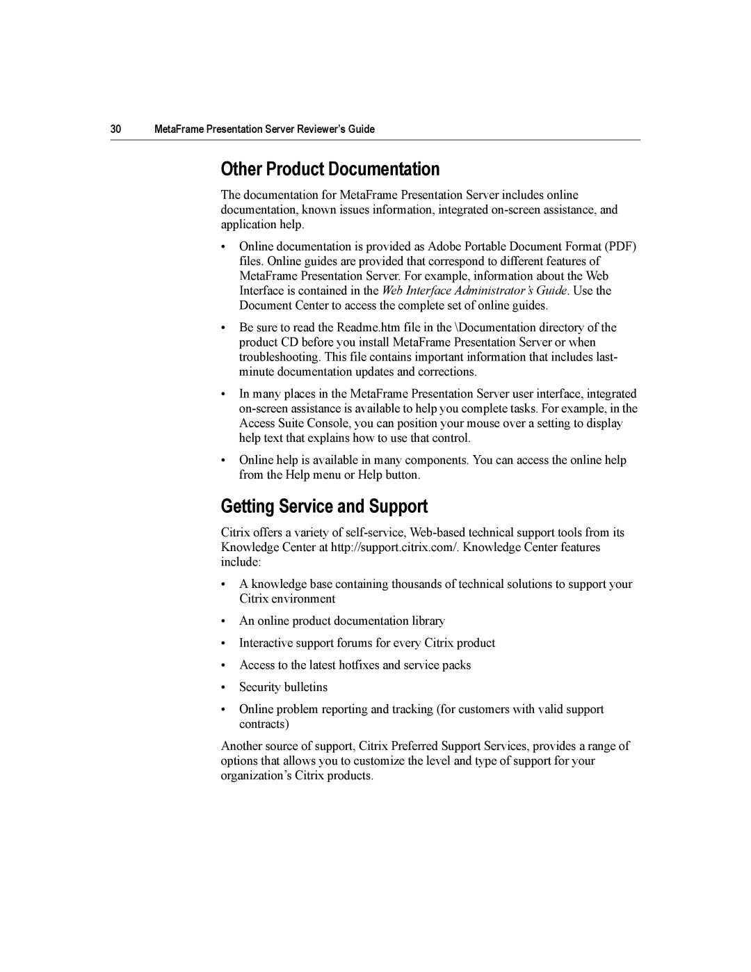 Citrix Systems MetaFrame Presentation Server manual Other Product Documentation, Getting Service and Support 