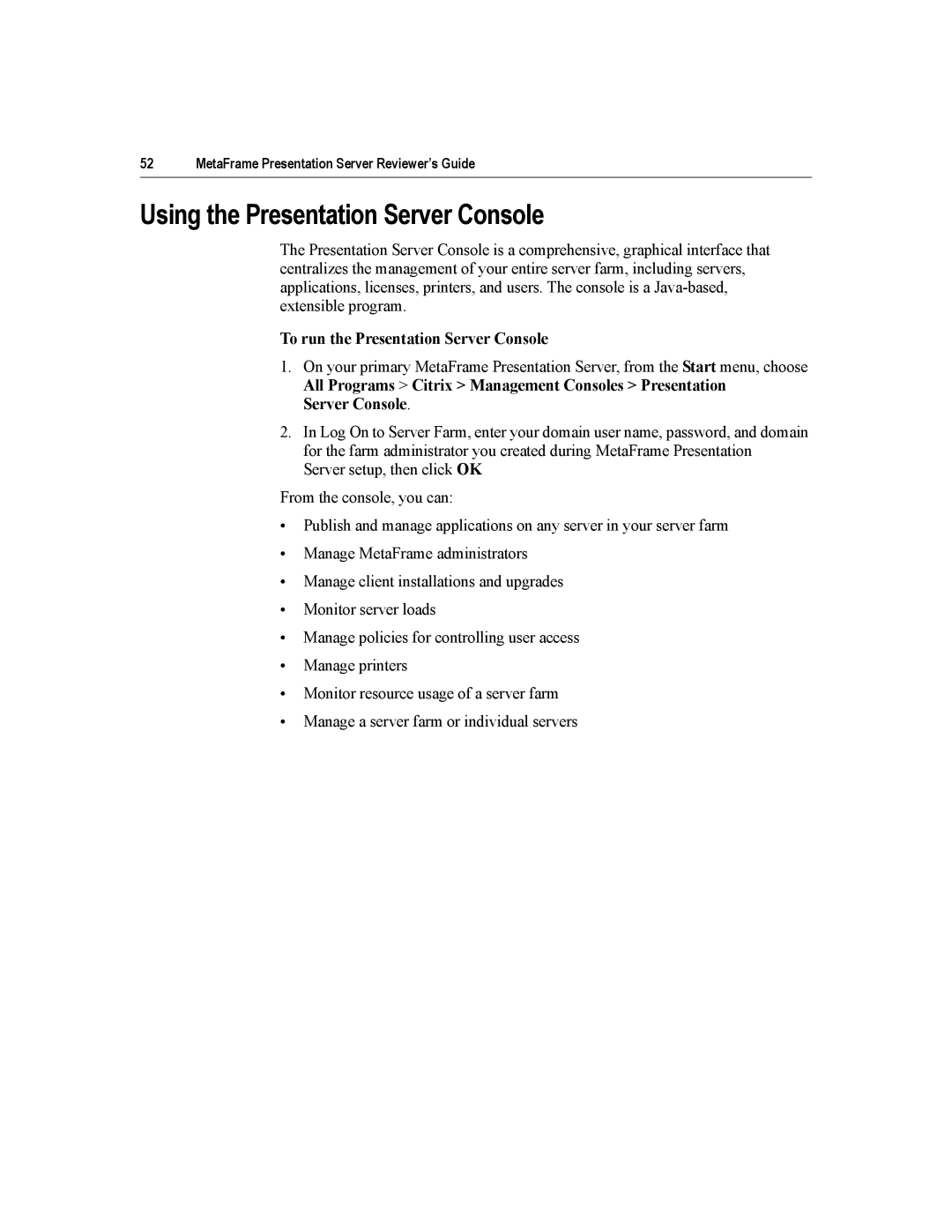 Citrix Systems MetaFrame Presentation Server Using the Presentation Server Console, To run the Presentation Server Console 