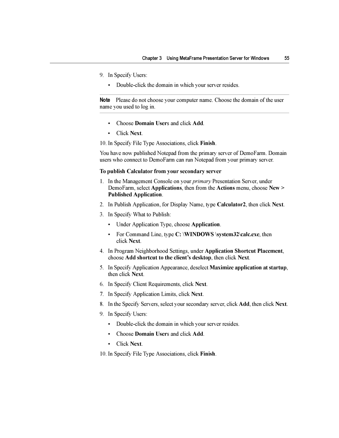 Citrix Systems MetaFrame Presentation Server manual To publish Calculator from your secondary server 