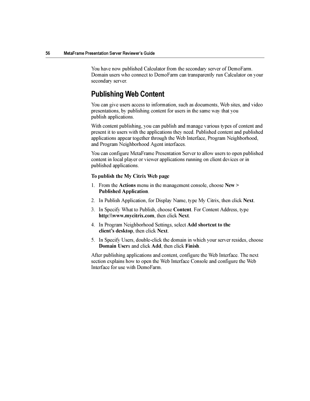 Citrix Systems MetaFrame Presentation Server manual Publishing Web Content, To publish the My Citrix Web 