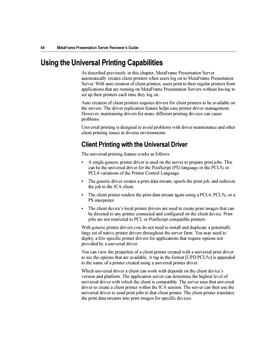 Citrix Systems MetaFrame Presentation Server manual Using the Universal Printing Capabilities 