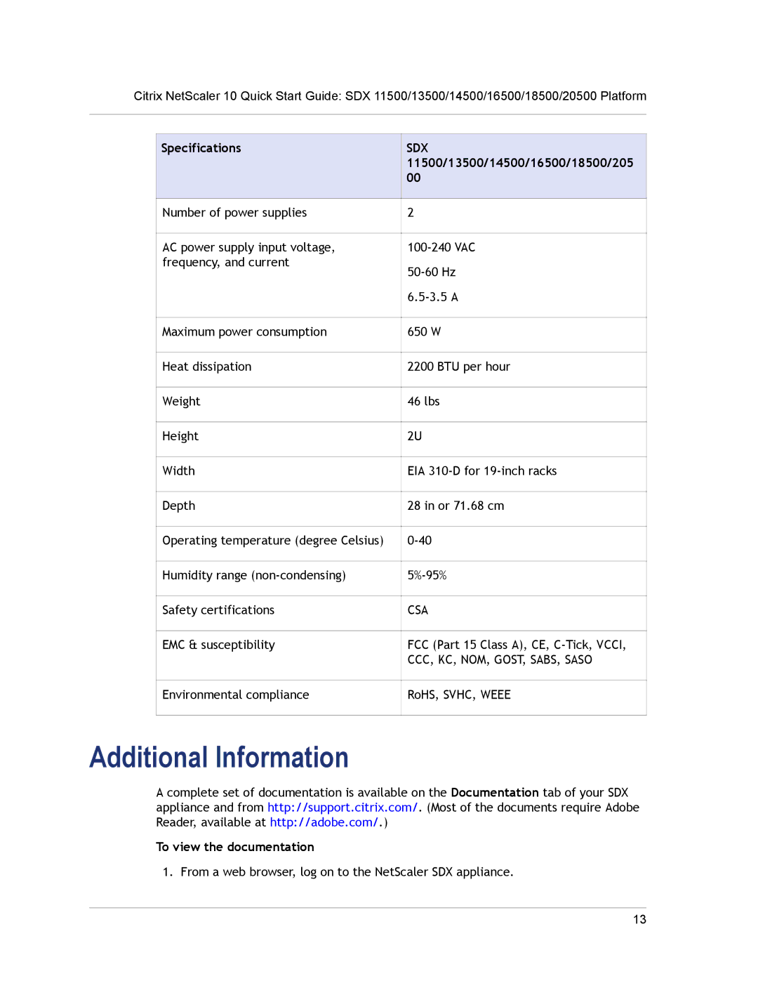 Citrix Systems SDX 16500, SDX 13500, SDX 11500, SDX 20500, SDX 18500 Additional Information, To view the documentation 