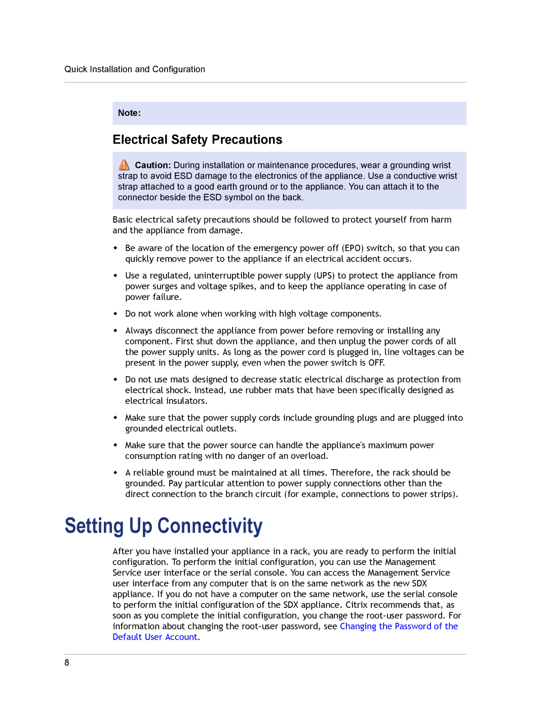 Citrix Systems SDX 11500, SDX 13500, SDX 16500, SDX 20500, SDX 18500 Setting Up Connectivity, Electrical Safety Precautions 