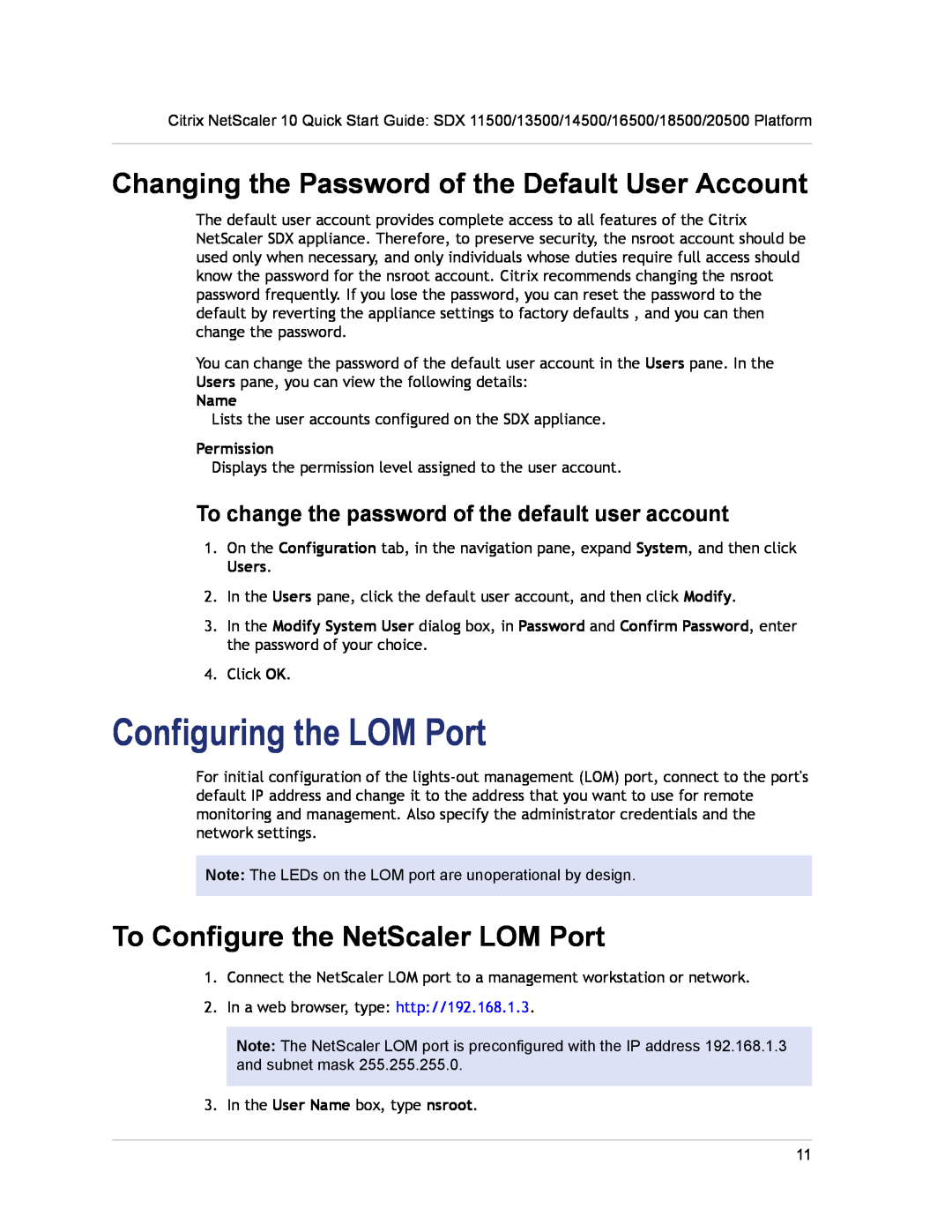 Citrix Systems SDX 14500 Configuring the LOM Port, Changing the Password of the Default User Account, Name, Permission 