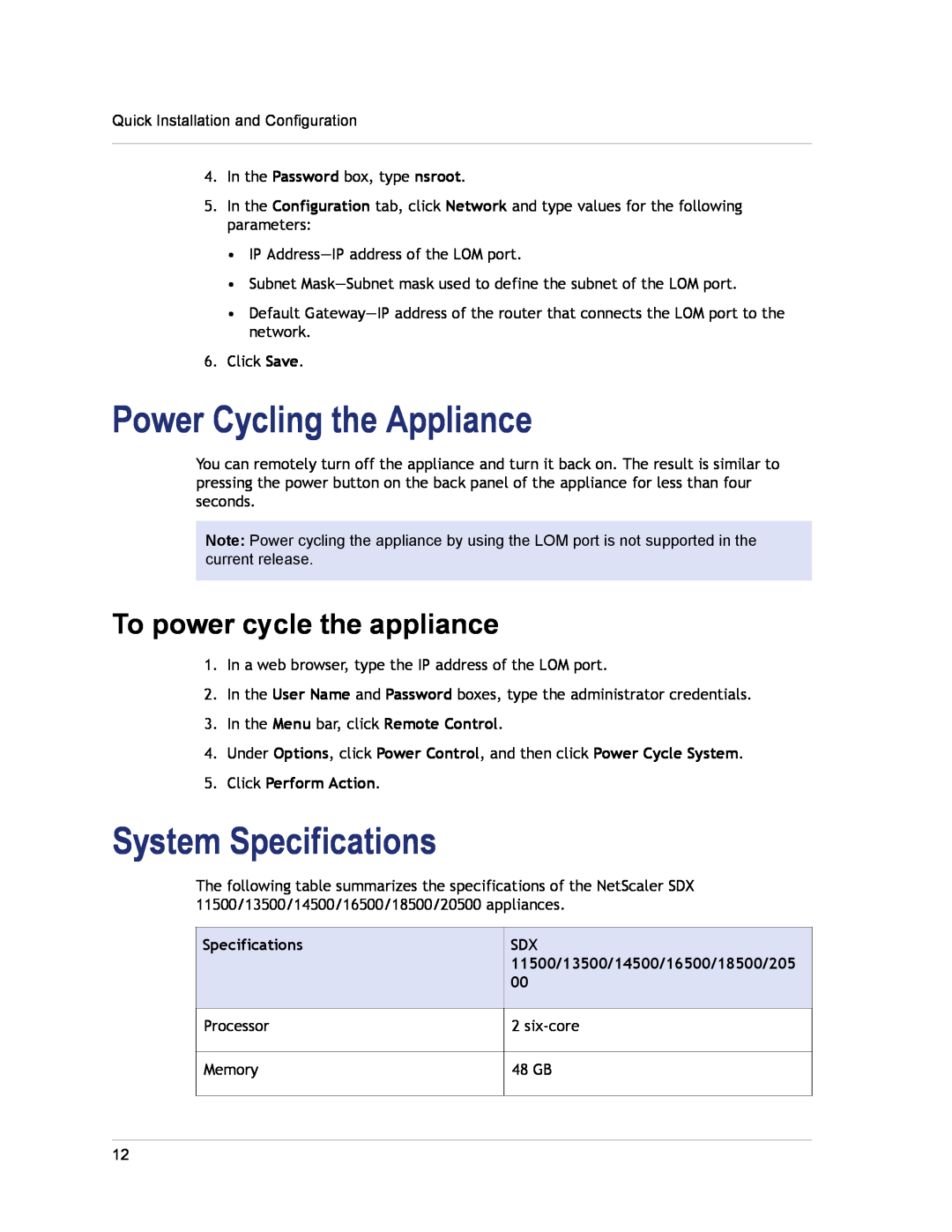 Citrix Systems SDX 13500, SDX 16500 Power Cycling the Appliance, System Specifications, To power cycle the appliance 