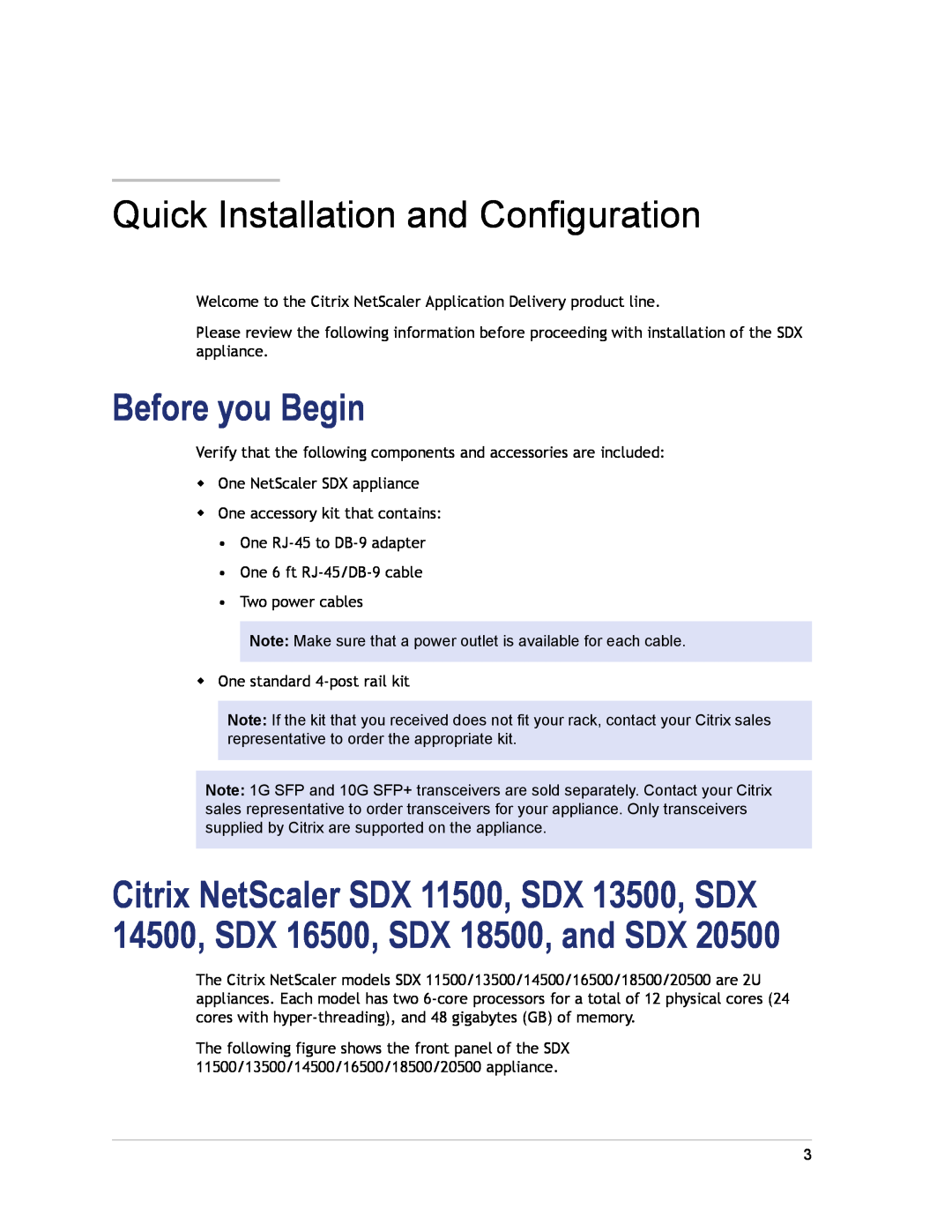 Citrix Systems SDX 20500, SDX 13500, SDX 16500, SDX 11500, SDX 18500 Before you Begin, Quick Installation and Configuration 