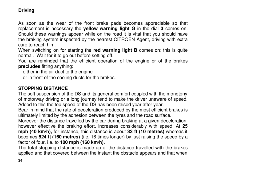 Citroen 7550 manual Stopping Distance 