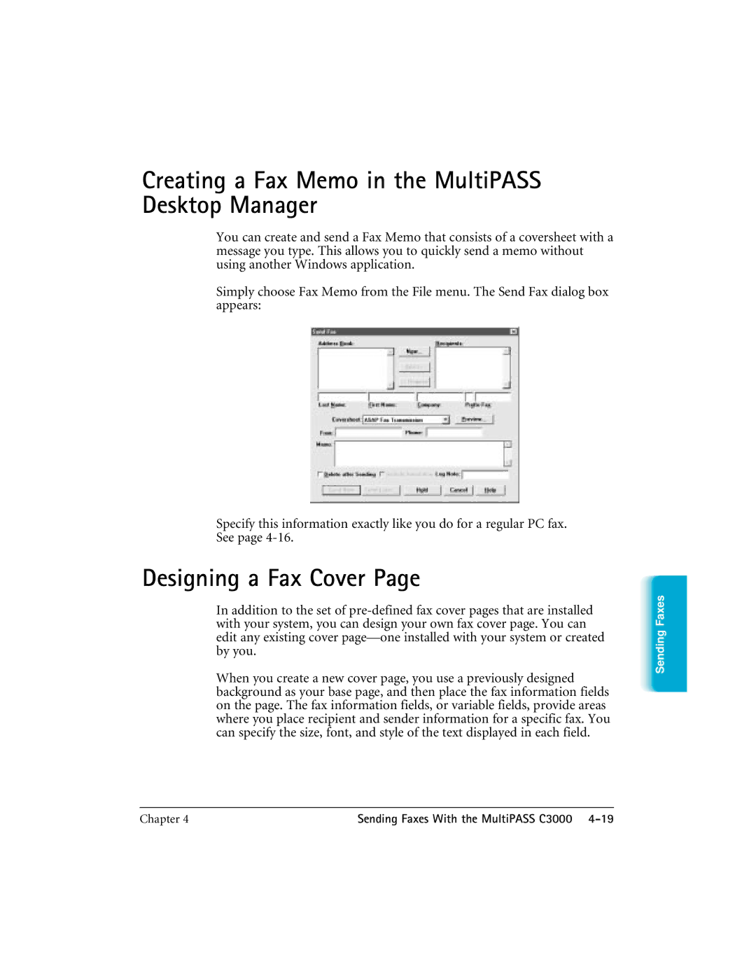 CK Electric Part C3000 manual Creating a Fax Memo in the MultiPASS Desktop Manager, Designing a Fax Cover 