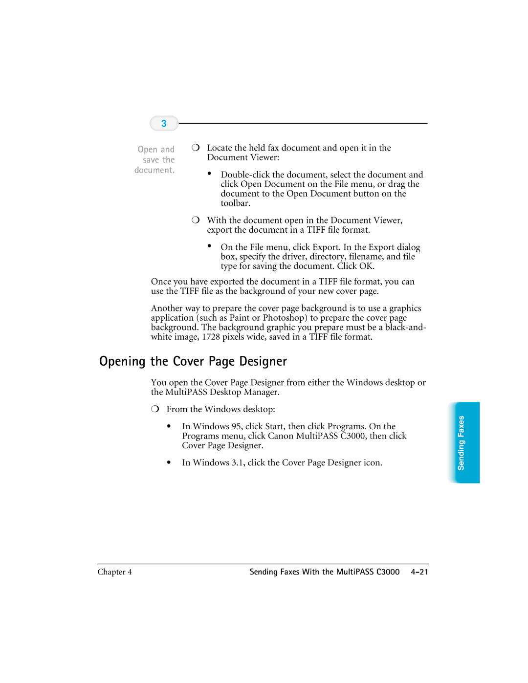 CK Electric Part C3000 Opening the Cover Page Designer, Locate the held fax document and open it, Save, Document Viewer 