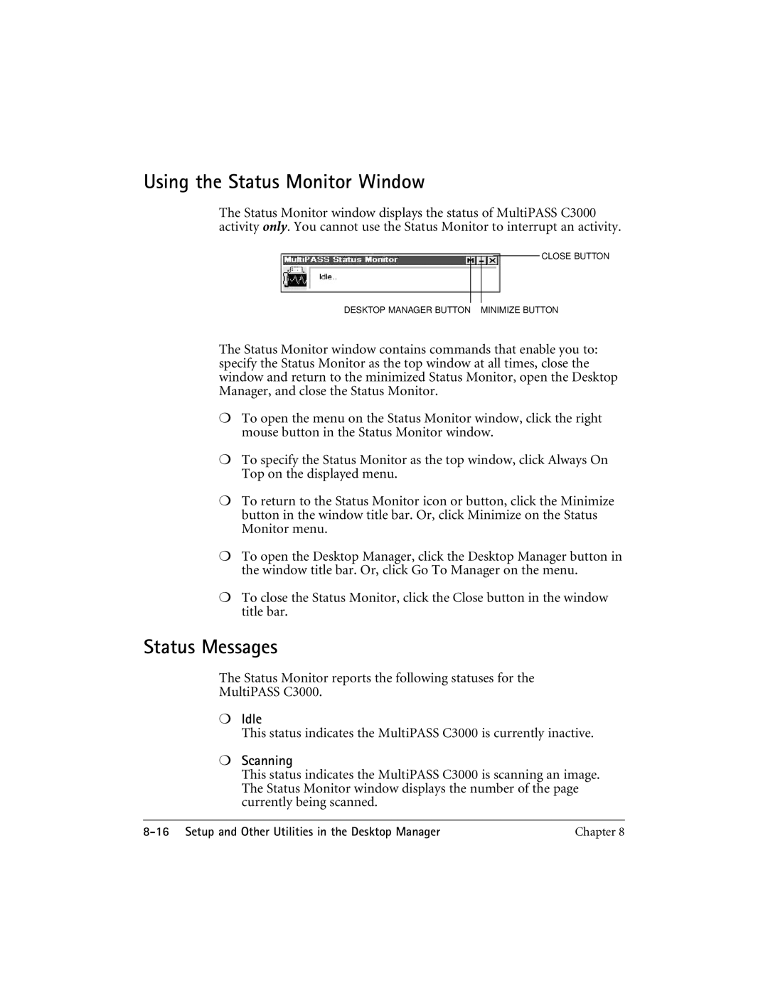 CK Electric Part C3000 manual Using the Status Monitor Window, Status Messages 