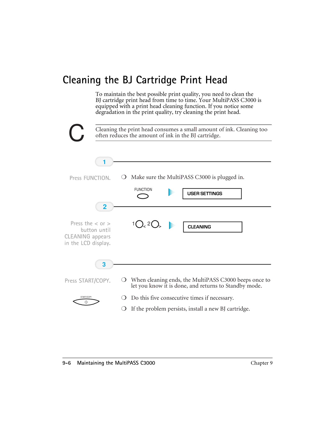 CK Electric Part C3000 manual Cleaning the BJ Cartridge Print Head, Press the or 