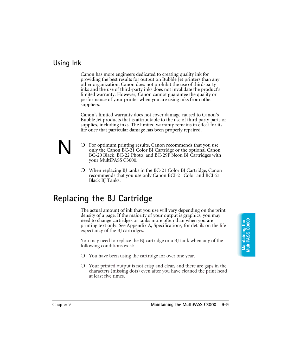 CK Electric Part C3000 manual Replacing the BJ Cartridge, Using Ink 