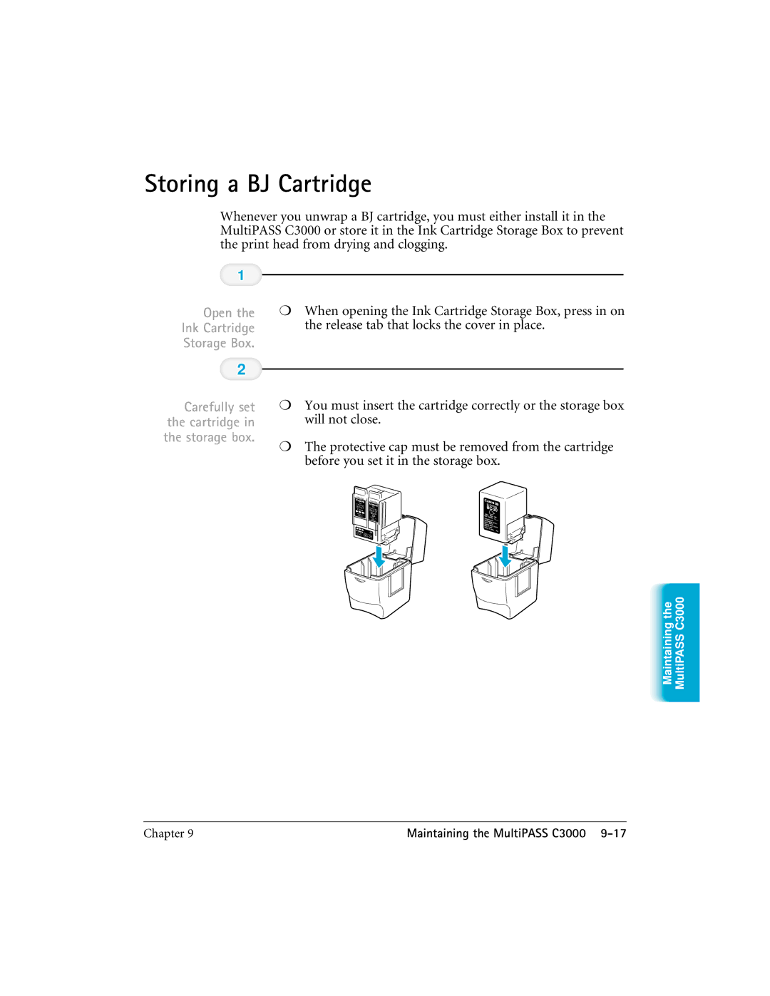 CK Electric Part C3000 manual Storing a BJ Cartridge, Open Ink Cartridge Storage Box 